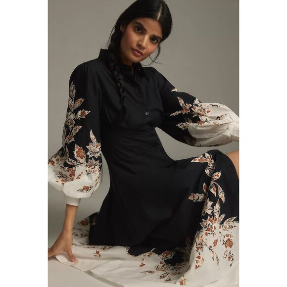 New  Anthropologie Long Sleeve Midi Embellished Shirt Dress Size M - Picture 4 of 11